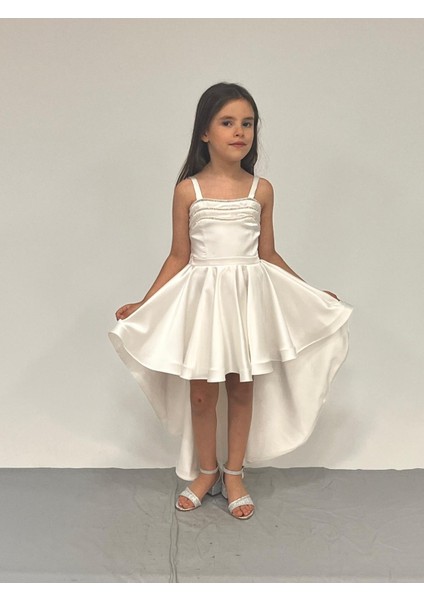Kız Çocuk Abiye Krem Saten Kuyruklu Yaka Şerit Taşlı Abiye Elbise 5-10 Yaş fiyatları