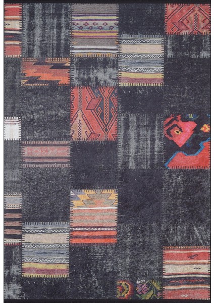 Bierun Siyah Patchwork Etnik Modern Desenli Makinada Yıkanabilir Hav Toz Vermez Leke Tutmayan Kaymaz Taban Dijital Makine Baskı Salon Yolluk Mutfak Halı