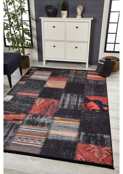Bierun Siyah Patchwork Etnik Modern Desenli Makinada Yıkanabilir Hav Toz Vermez Leke Tutmayan Kaymaz Taban Dijital Makine Baskı Salon Yolluk Mutfak Halı fiyatları
