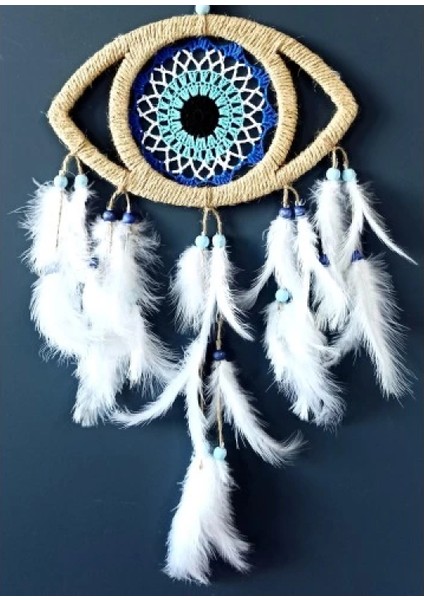 Göz Model Nazar Boncuğu Motifli Kuş Tüylü El Yapımı Düş Kapanı Duvar Dekoru