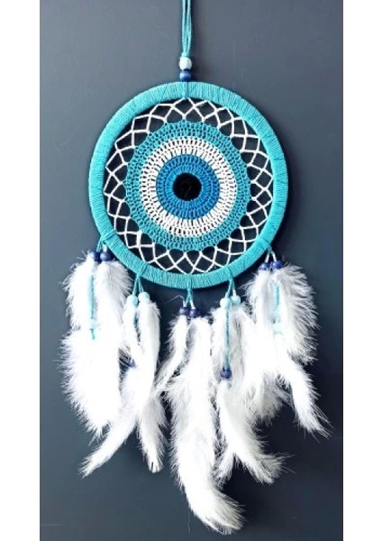 Nazar Boncuğu Motifli Turkuaz Rengi Dream Catcher Beyaz Kuş Tüylü Düş Kapanı Duvar Süsü fiyatları
