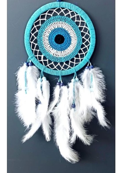 Nazar Boncuğu Motifli Turkuaz Rengi Dream Catcher Beyaz Kuş Tüylü Düş Kapanı Duvar Süsü modelleri