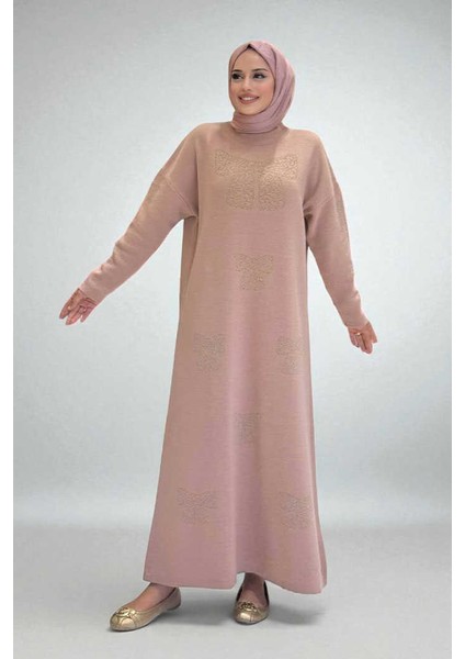 Fiyonk Desenli Triko Elbise 18208 Pudra