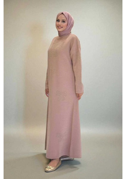 Fiyonk Desenli Triko Elbise 18208 Pudra modelleri