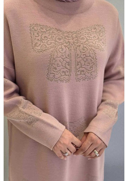 Fiyonk Desenli Triko Elbise 18208 Pudra fırsatları