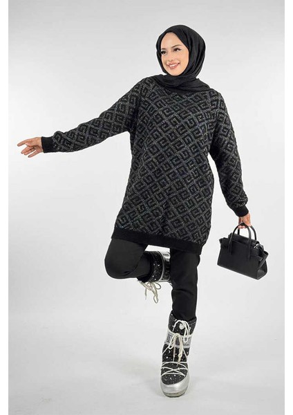 Desenli Bisiklet Yaka Tunik 18326 Siyah