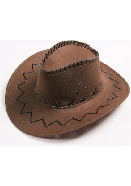 Bağcıklı Çocuk Boy Nubuk Süet Kovboy Şapkası Koyu Kahve Renk