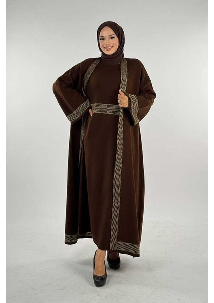 Şerit Desenli Elbise Hırka Takım 18311 Kahverengi