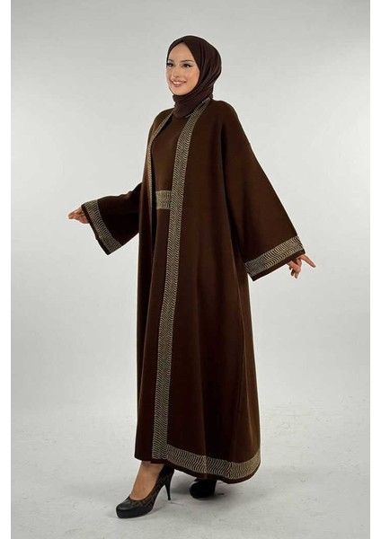 Şerit Desenli Elbise Hırka Takım 18311 Kahverengi modelleri