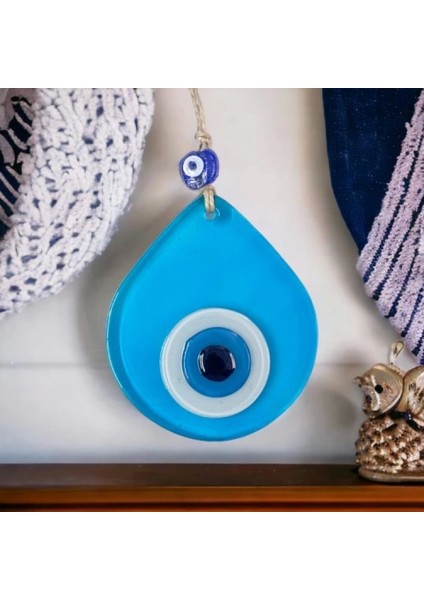 Orta Boy Şeffaf Turkuaz Damla Desen Nazar Boncuklu Duvar Dekoru Cam Duvar Süsü