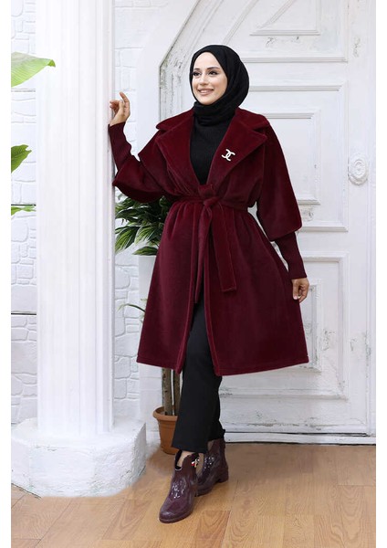 Bel Kuşaklı Yaka Taş Broş Detaylı Kaban 7874 Bordo