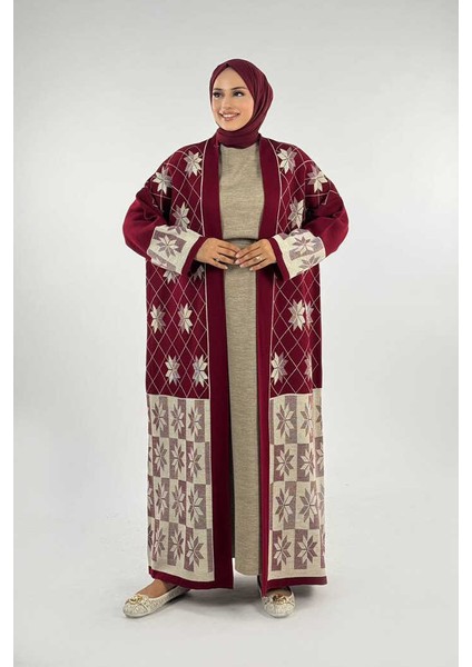 Kar Tanesi Desenli Uzun Triko Hırka 18166 Bordo