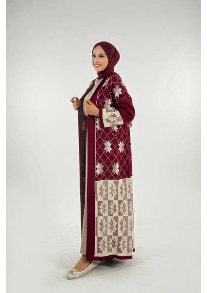 Kar Tanesi Desenli Uzun Triko Hırka 18166 Bordo modelleri