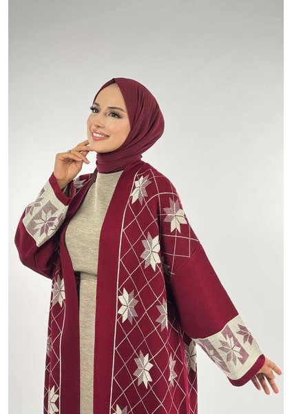 Kar Tanesi Desenli Uzun Triko Hırka 18166 Bordo fırsatları