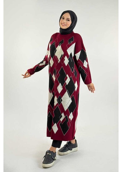 Geometrik Desen Tunik 18316 Bordo modelleri