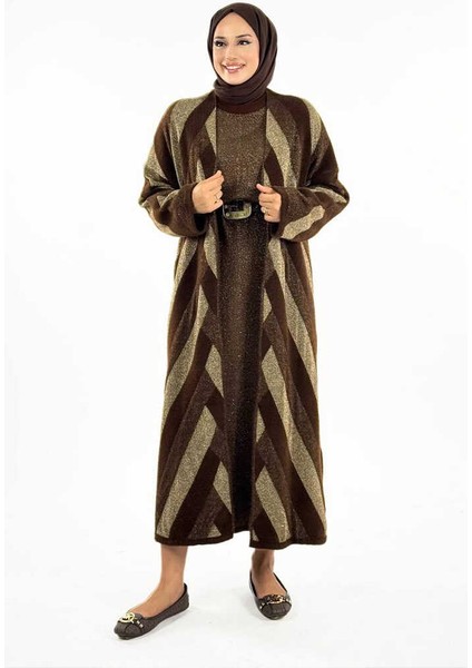 Geometrik Desenli Simli Hırka 18328 Kahverengi