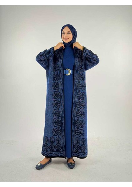 Yırtmaçlı Desenli Uzun Triko Hırka 18317 Lacivert