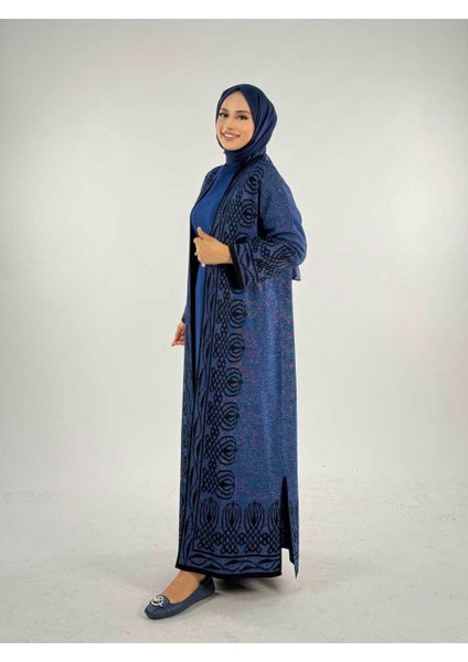 Yırtmaçlı Desenli Uzun Triko Hırka 18317 Lacivert modelleri