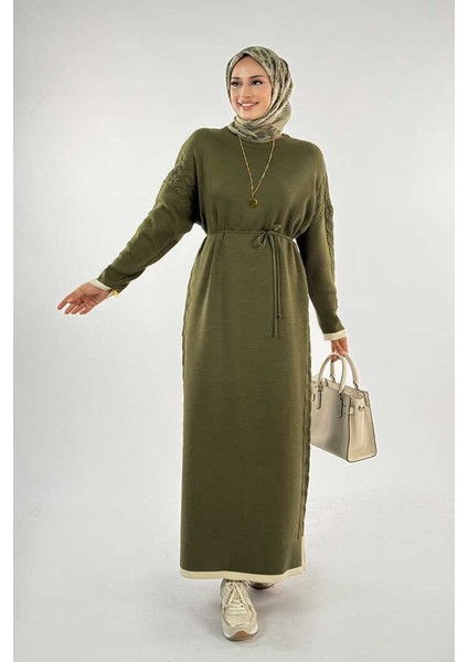 Örgü Detay Triko Elbise 18312 Haki