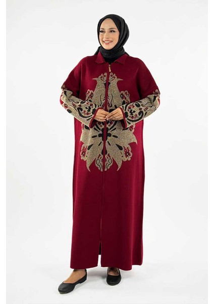 Desenli Fermuarlı Triko Hırka 18320 Bordo