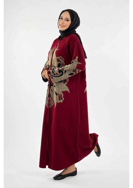 Desenli Fermuarlı Triko Hırka 18320 Bordo modelleri