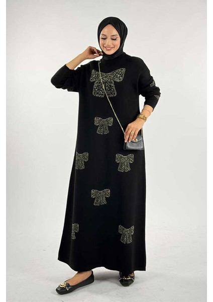 Fiyonk Desenli Triko Elbise 18208 Siyah-Gold