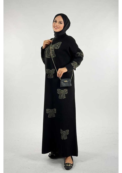 Fiyonk Desenli Triko Elbise 18208 Siyah-Gold modelleri