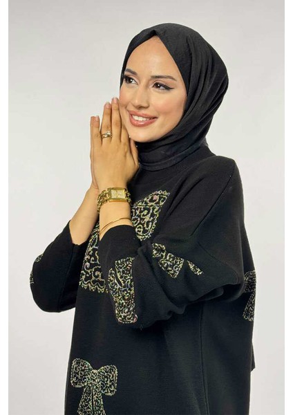 Fiyonk Desenli Triko Elbise 18208 Siyah-Gold fırsatları