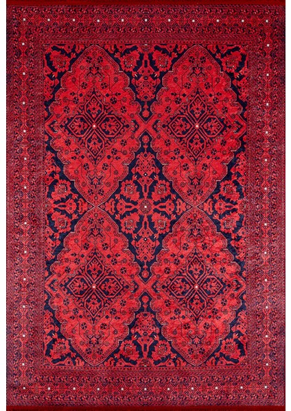 Hantimansiysk Kırmızı Göbekli Etnik Modern Desenli Makinada Yıkanabilir Hav Toz Vermez Leke Tutmayan Kaymaz Taban Dijital Makine Baskı Salon Yolluk Mutfak Halı