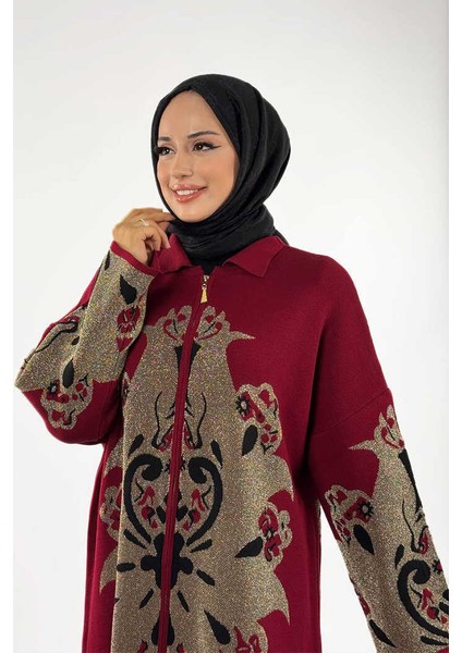 Desenli Fermuarlı Triko Hırka 18320 Bordo fırsatları