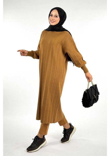 Fitilli Triko Tunik 18302 Taba modelleri