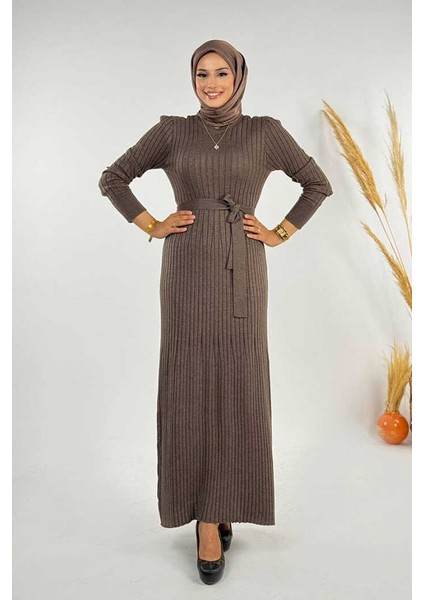 Kalın Fitilli Bel Kuşaklı Elbise 18319 Koyu Vizon modelleri