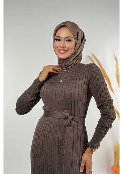 Kalın Fitilli Bel Kuşaklı Elbise 18319 Koyu Vizon fırsatları