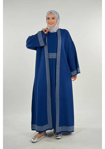 Şerit Desenli Elbise Hırka Takım 18311 Lacivert
