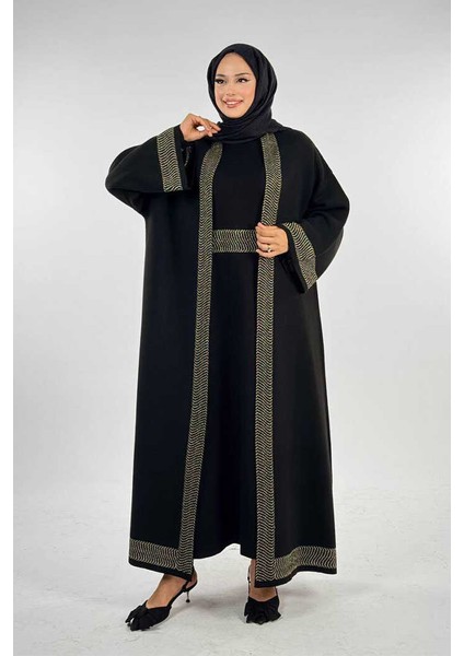 Şerit Desenli Elbise Hırka Takım 18311 Siyah-Gold