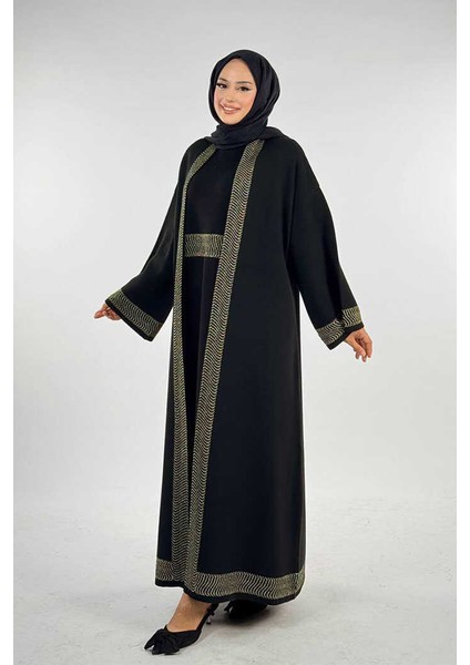 Şerit Desenli Elbise Hırka Takım 18311 Siyah-Gold modelleri