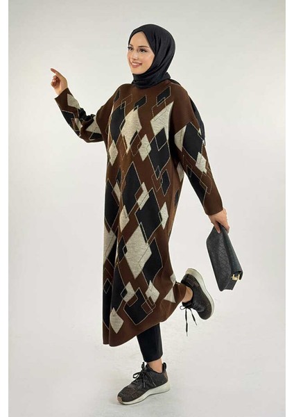 Geometrik Desen Tunik 18316 Kahverengi modelleri