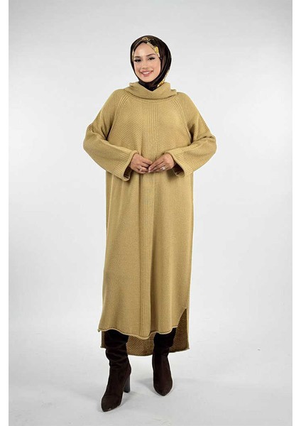 Boğazlı Triko Elbise 18209 Bej