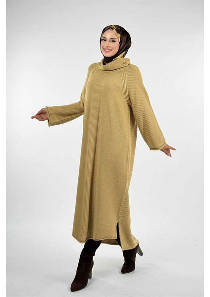 Boğazlı Triko Elbise 18209 Bej modelleri