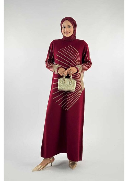 18306 Sim Detay Triko Elbise Bordo