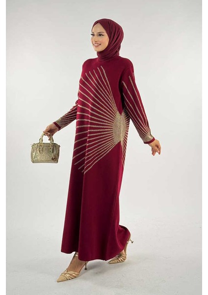 18306 Sim Detay Triko Elbise Bordo modelleri