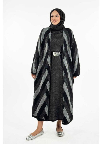 Geometrik Desenli Simli Hırka 18328 Siyah-Gümüş