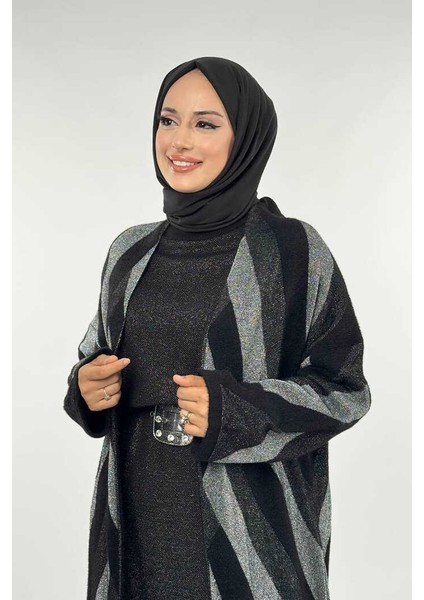 Geometrik Desenli Simli Hırka 18328 Siyah-Gümüş fırsatları