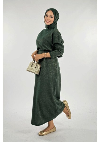 Simli Triko Elbise 18315 Zümrüt modelleri