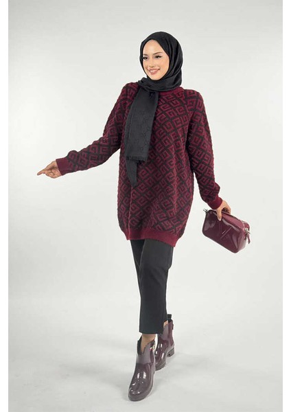 Desenli Bisiklet Yaka Tunik 18326 Bordo