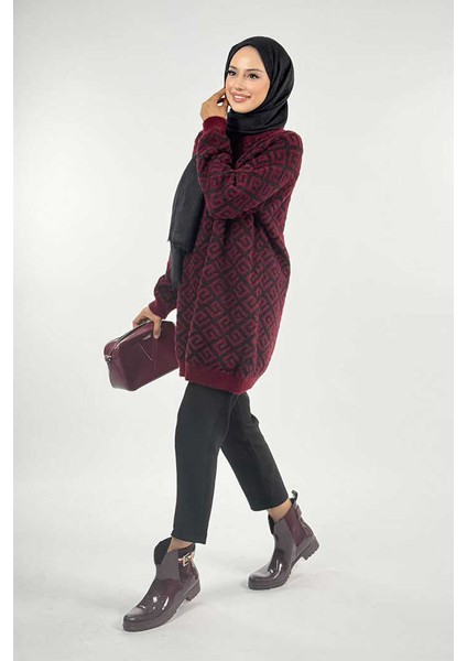 Desenli Bisiklet Yaka Tunik 18326 Bordo modelleri