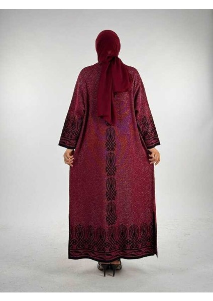 Yırtmaçlı Desenli Uzun Triko Hırka 18317 Bordo fiyatları