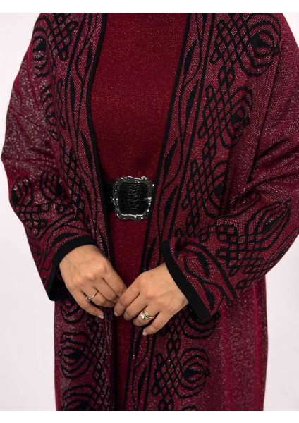 Yırtmaçlı Desenli Uzun Triko Hırka 18317 Bordo fırsatları