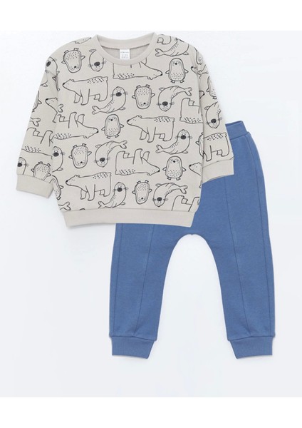 Lcw Baby Gri Bisiklet Yaka Erkek Bebek Sweatshirt ve Pantolon 2'li Takım