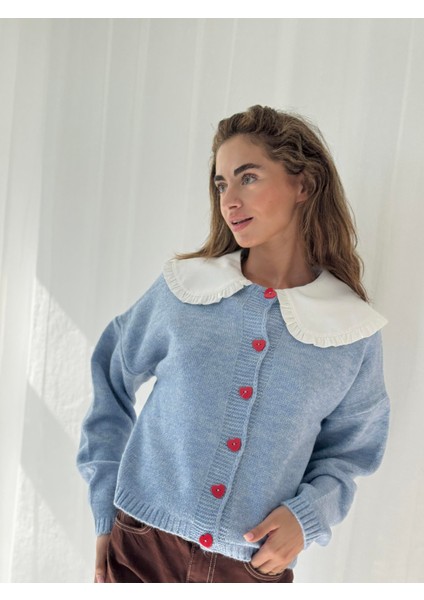 Kısa Kalp Düğmeli Hırka Kadın Mavi fiyatları